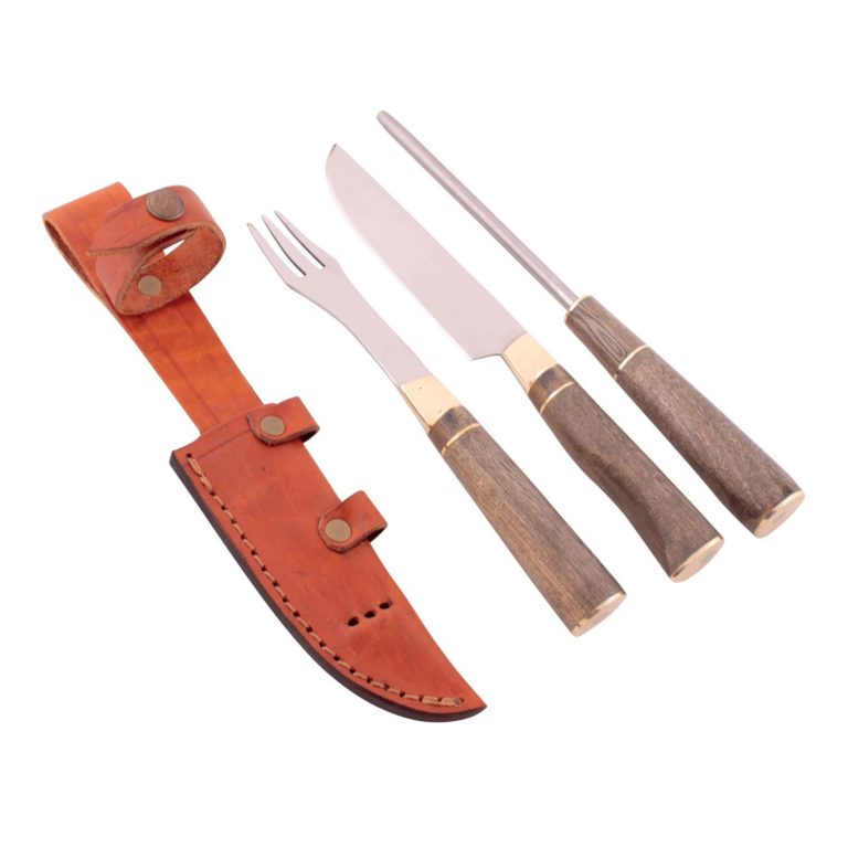 Juego Trinchar Triple Madera Combinado 11Cm Acero Inox Vaina Vaqueta