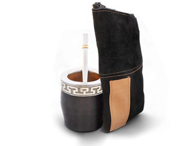 Set De Mates Bombilla Y Yerbera De Cuero