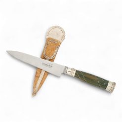 Cuchillo Hoja Acero Inox. Schmieden 14 Cm Encabado En Madera Palo Santo Con Copas y Alambre Doble En Alpaca y Vaina De Cuero Crudo