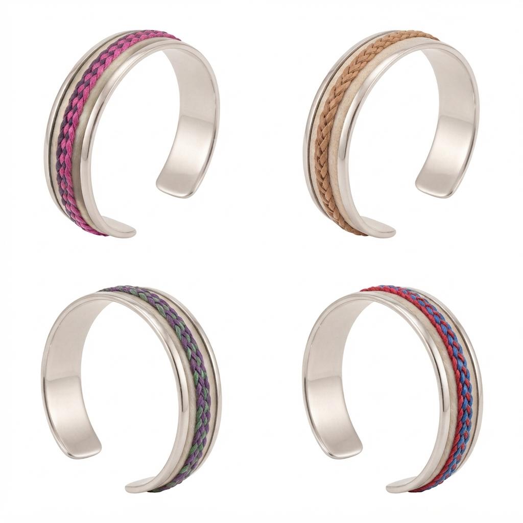 Pulsera Delgada De Alpaca Y Cuero Crudo Con Doble Tira - Imagen 4