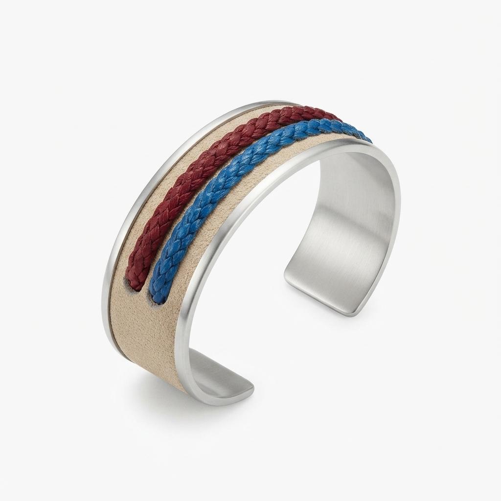 Pulsera Angosta De Alpaca Y Cuero Crudo Con Doble Tira
