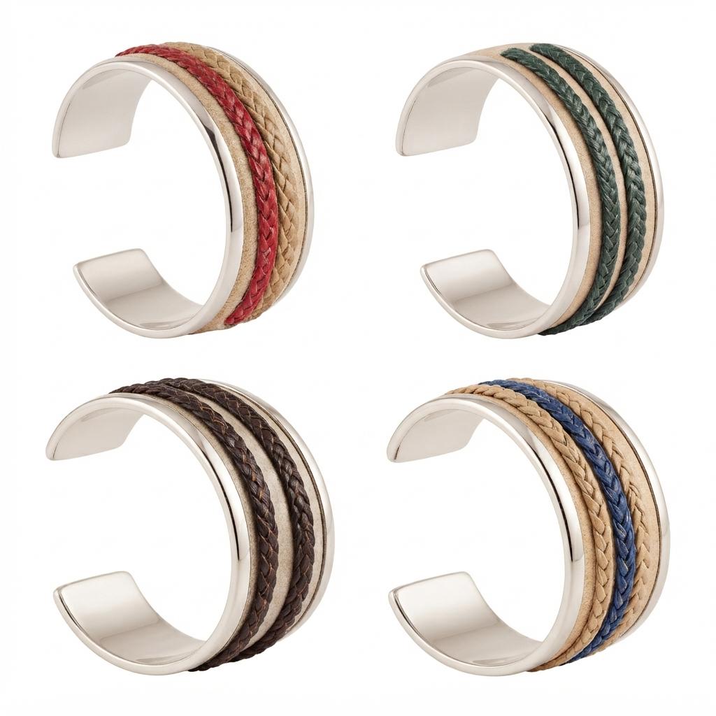 Pulsera Angosta De Alpaca Y Cuero Crudo Con Doble Tira - Imagen 4